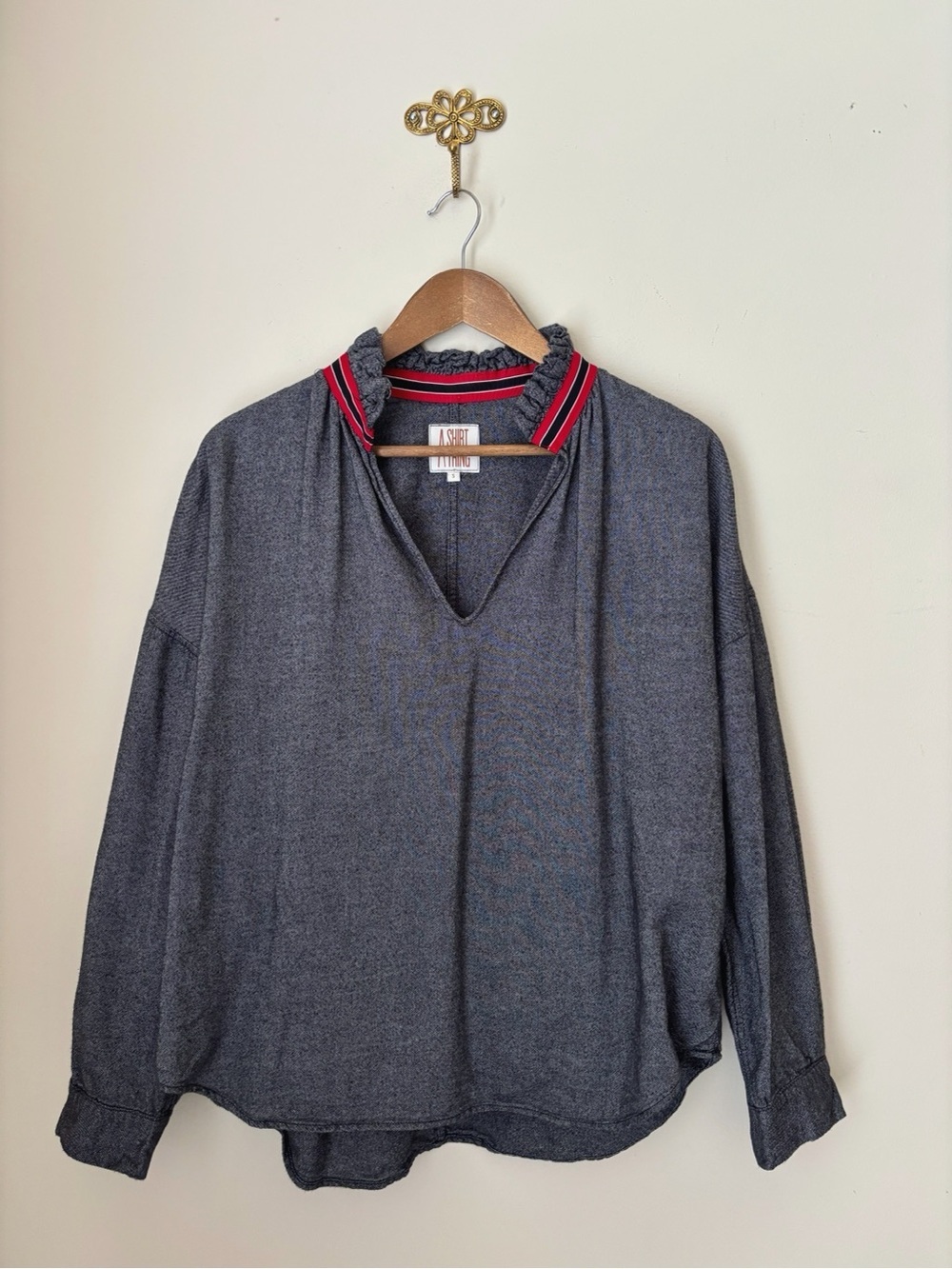 A Shirt Thing Grey Flannel Ribbon Trim Penelope Popover Ruffle Neck Blouse Small